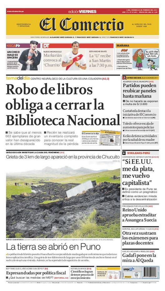 Portada de los diarios de Lima, 25 de febrero de 2011