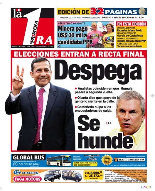 Portada de los diarios de Lima, 28 de febrero de 2011