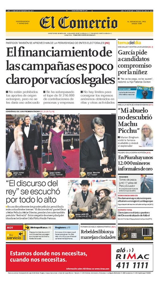 Portada de los diarios de Lima, 28 de febrero de 2011