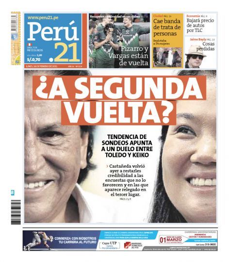 Portada de los diarios de Lima, 28 de febrero de 2011