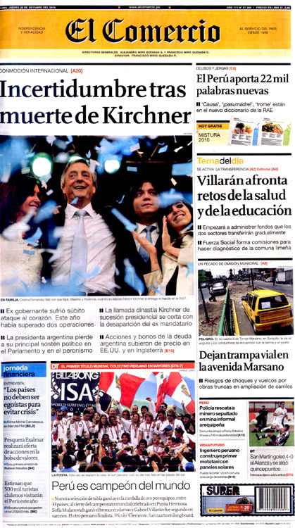 Portada de los diarios de Lima, 28 Octubre 2010