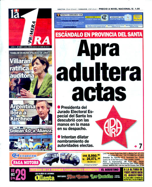 Portada de los diarios de Lima, 28 Octubre 2010