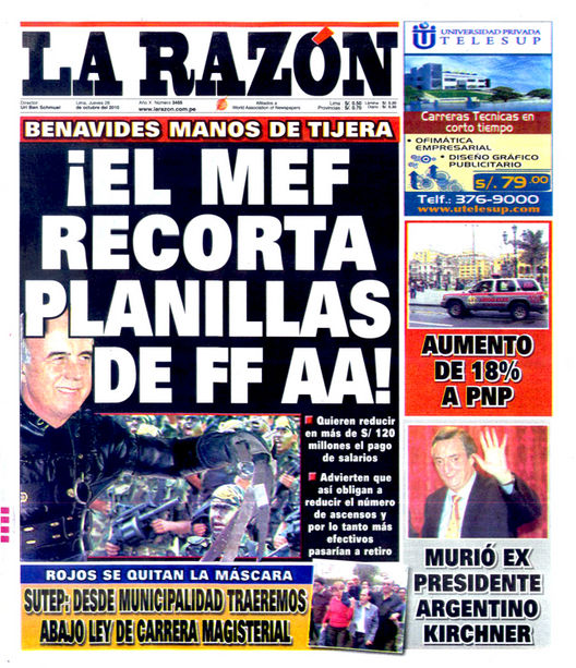 Portada de los diarios de Lima, 28 Octubre 2010