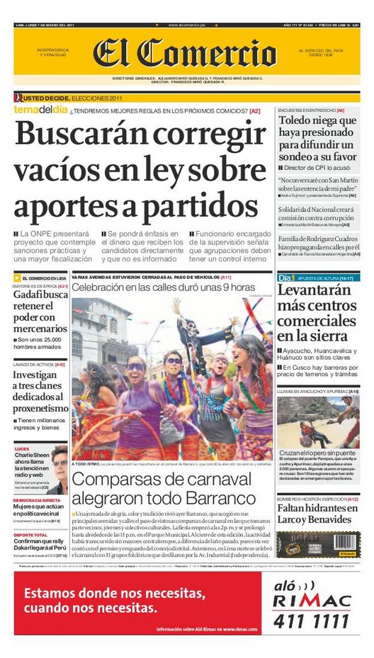 Portada de los diarios de Lima, 07 de Marzo de 2011