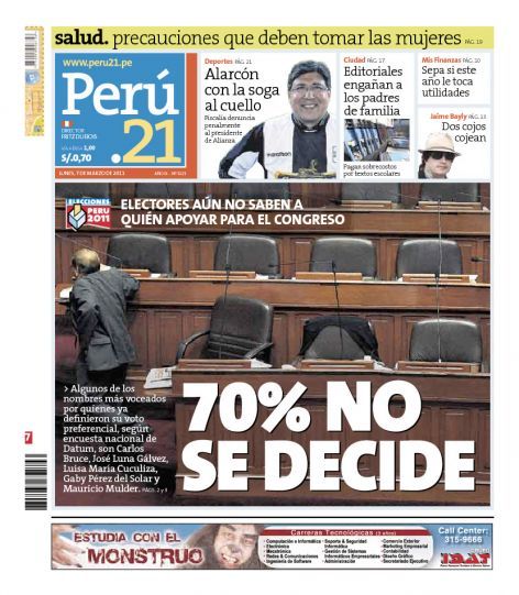 Portada de los diarios de Lima, 07 de Marzo de 2011