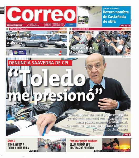 Portada de los diarios de Lima, 07 de Marzo de 2011