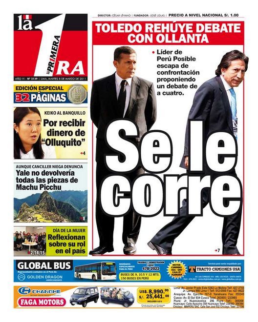 Portada de los diarios de Lima, 08 de Marzo de 2011
