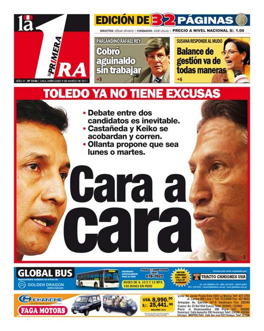 Portada de los diarios de Lima, 09 de Marzo de 2011