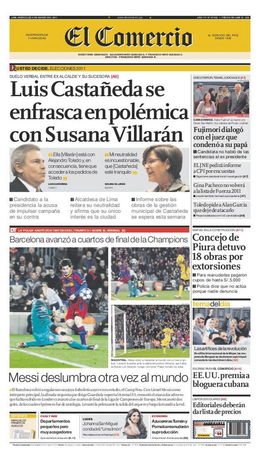 Portada de los diarios de Lima, 09 de Marzo de 2011