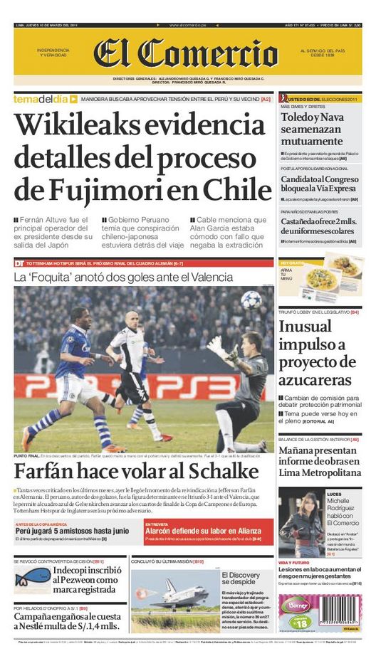 Portada de los diarios de Lima, 10 de Marzo de 2011