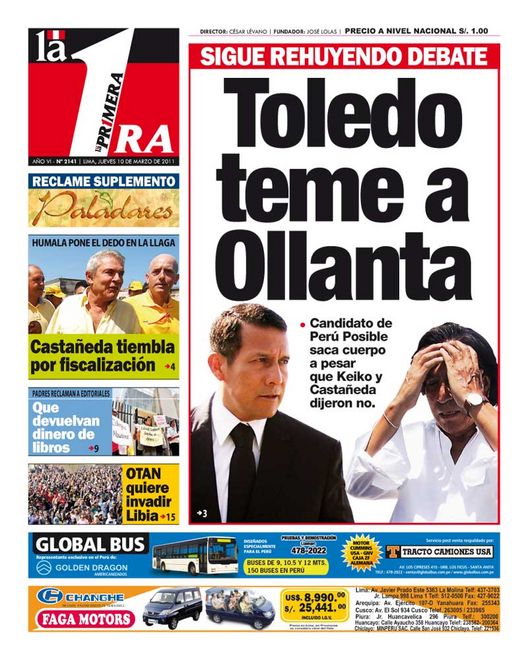 Portada de los diarios de Lima, 10 de Marzo de 2011