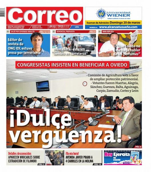 Portada de los diarios de Lima, 10 de Marzo de 2011