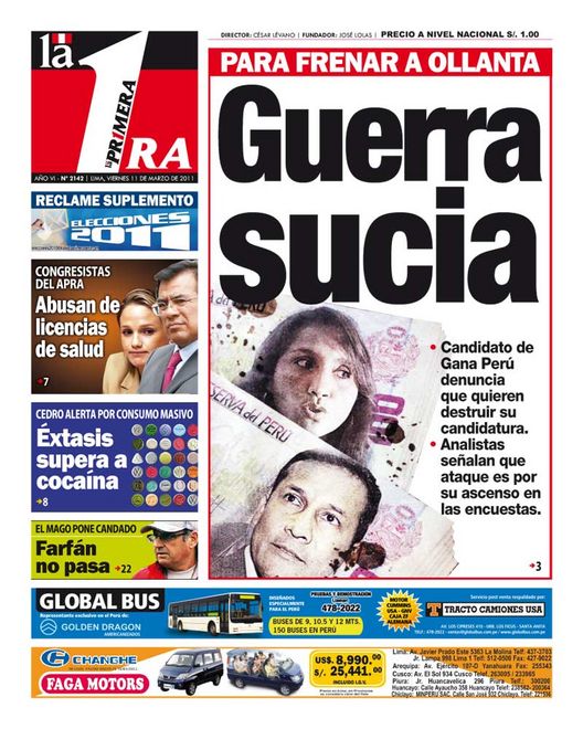 Portada de los diarios de Lima, 11 de Marzo de 2011