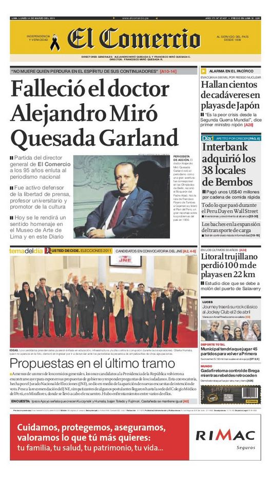 Portada de los diarios de Lima, 14 de Marzo de 2011
