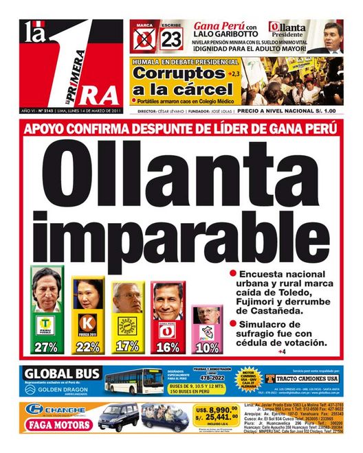 Portada de los diarios de Lima, 14 de Marzo de 2011