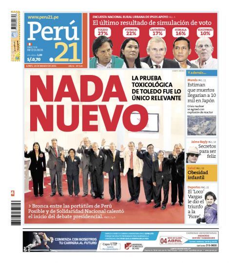 Portada de los diarios de Lima, 14 de Marzo de 2011