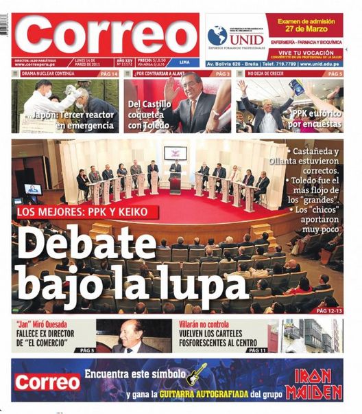 Portada de los diarios de Lima, 14 de Marzo de 2011