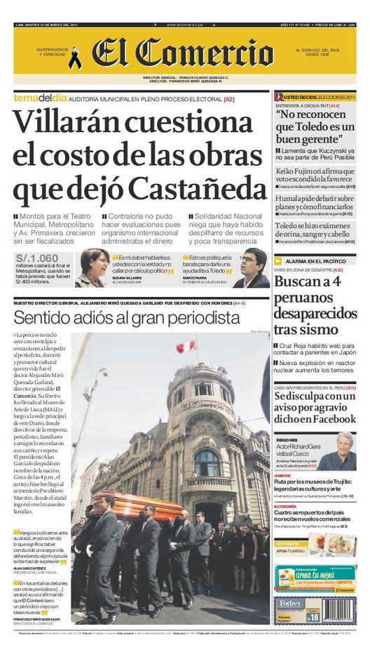 Portada de los diarios de Lima, 15 de Marzo de 2011