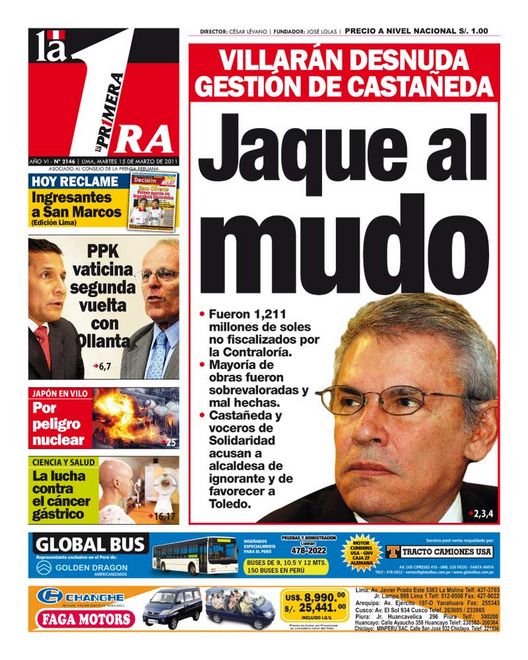 Portada de los diarios de Lima, 15 de Marzo de 2011