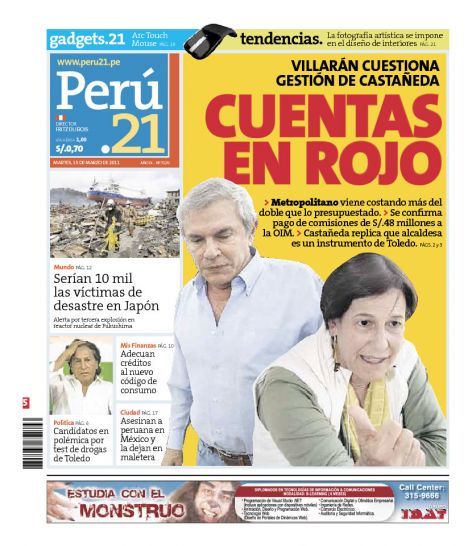 Portada de los diarios de Lima, 15 de Marzo de 2011