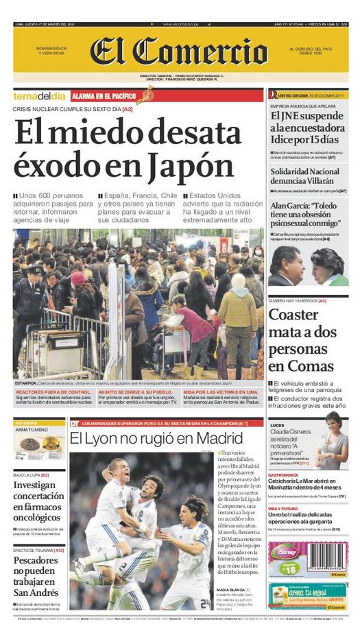 Portada de los diarios de Lima, 17 de Marzo de 2011