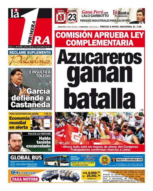 Portada de los diarios de Lima, 17 de Marzo de 2011