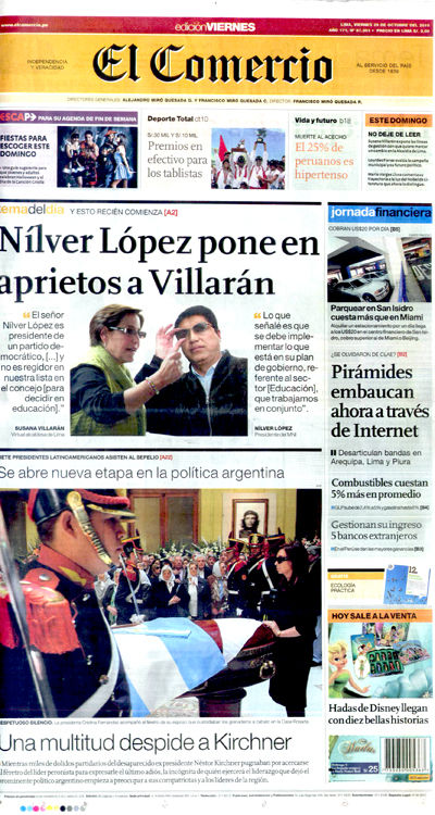 Portada de los diarios de Lima, 29 octubre 2010