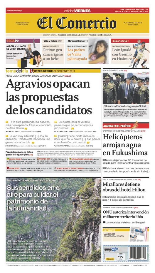 Portada de los diarios de Lima, 18 de Marzo de 2011