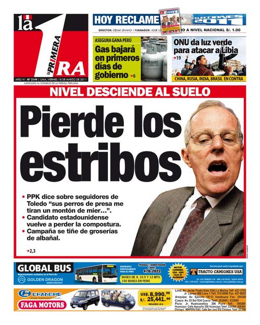 Portada de los diarios de Lima, 18 de Marzo de 2011