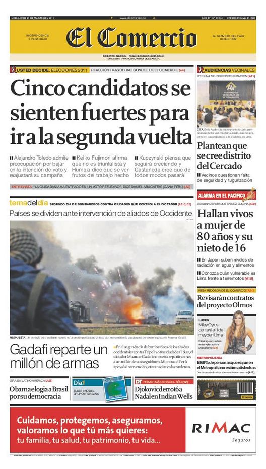 Portada de los diarios de Lima, 21 de Marzo de 2011