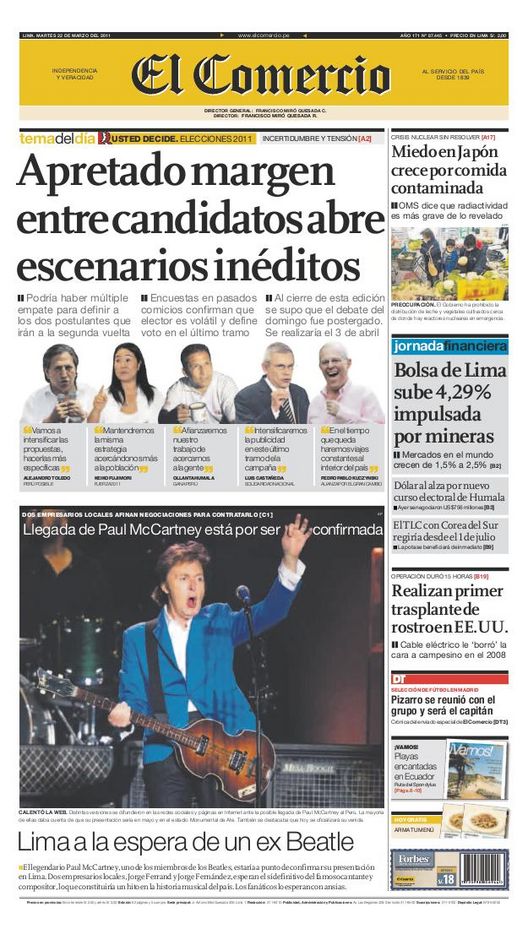 Portada de los diarios de Lima, 22 de Marzo de 2011
