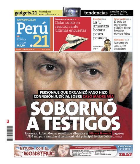 Portada de los diarios de Lima, 22 de Marzo de 2011