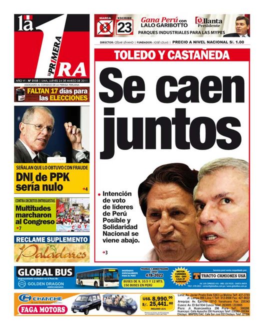 Portada de los diarios de Lima, 24 de Marzo de 2011