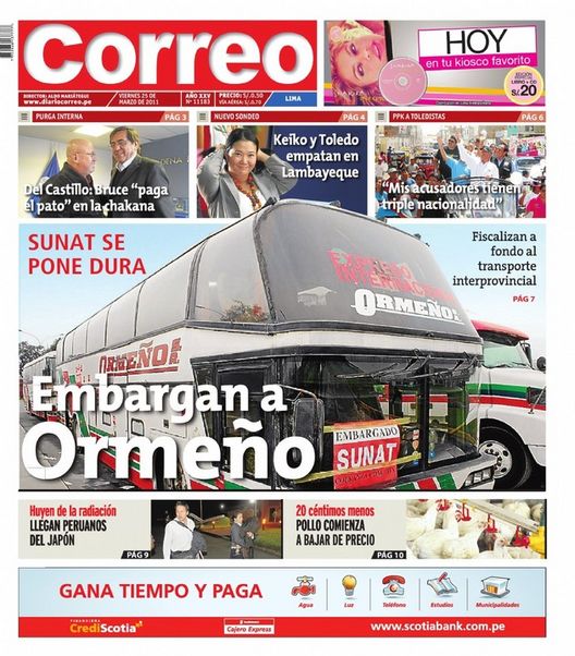 Portada de los diarios de Lima, 25 de Marzo de 2011