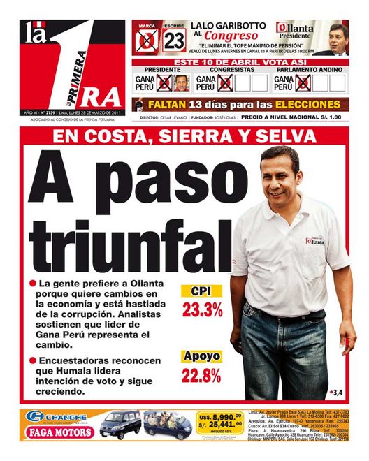 Portada de los diarios de Lima, 28 de Marzo de 2011