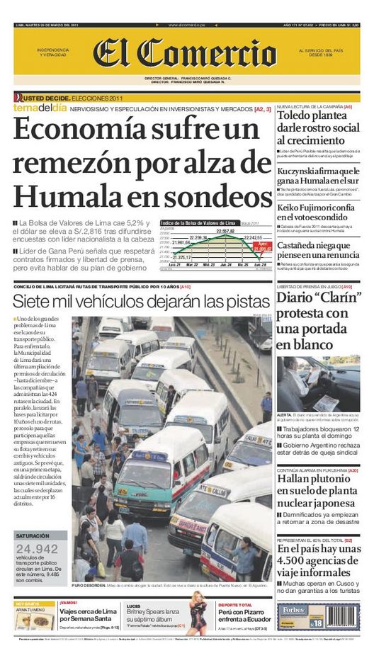 Portada de los diarios de Lima, 29 de Marzo de 2011