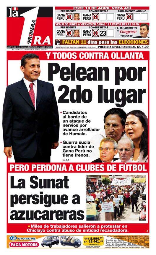 Portada de los diarios de Lima, 30 de Marzo de 2011