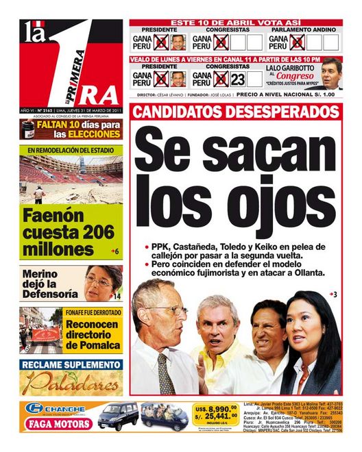 Portada de los diarios de Lima, 31 de Marzo de 2011