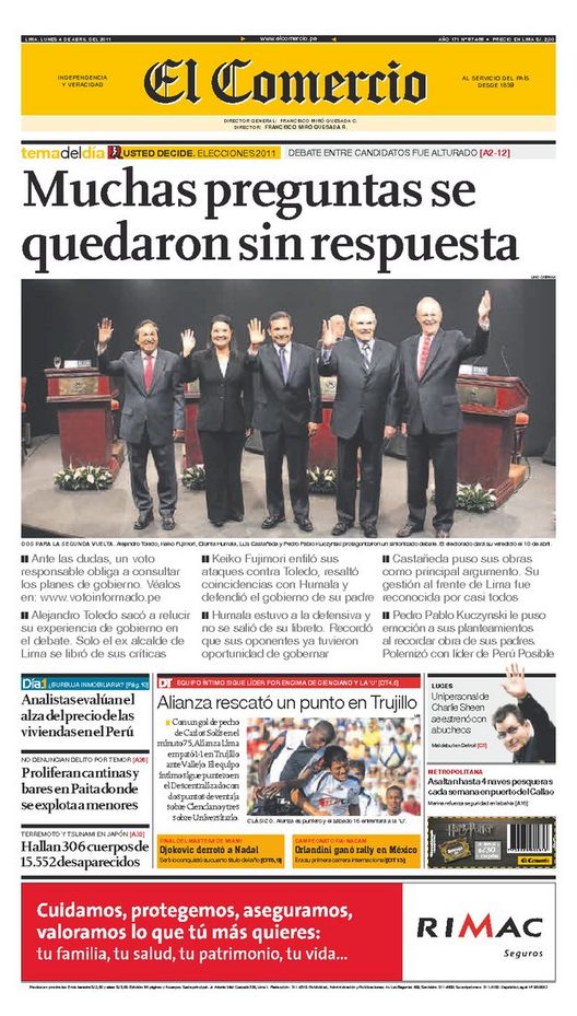 Portada de los diarios de Lima, 04 de Abril de 2011