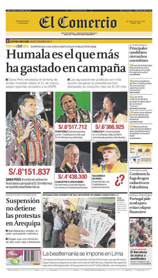 Portada de los diarios de Lima, 07 de Abril de 2011
