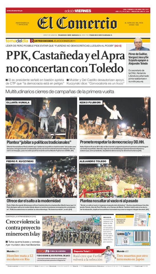Portada de los diarios de Lima, 08 de Abril de 2011