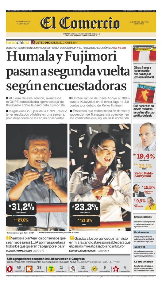 Portada de los diarios de Lima, 11 de Abril de 2011