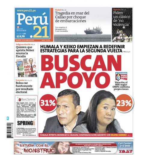 Portada de los diarios de Lima, 12 de Abril de 2011