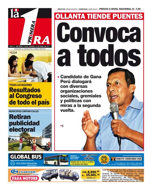 Portada de los diarios de Lima, 12 de Abril de 2011