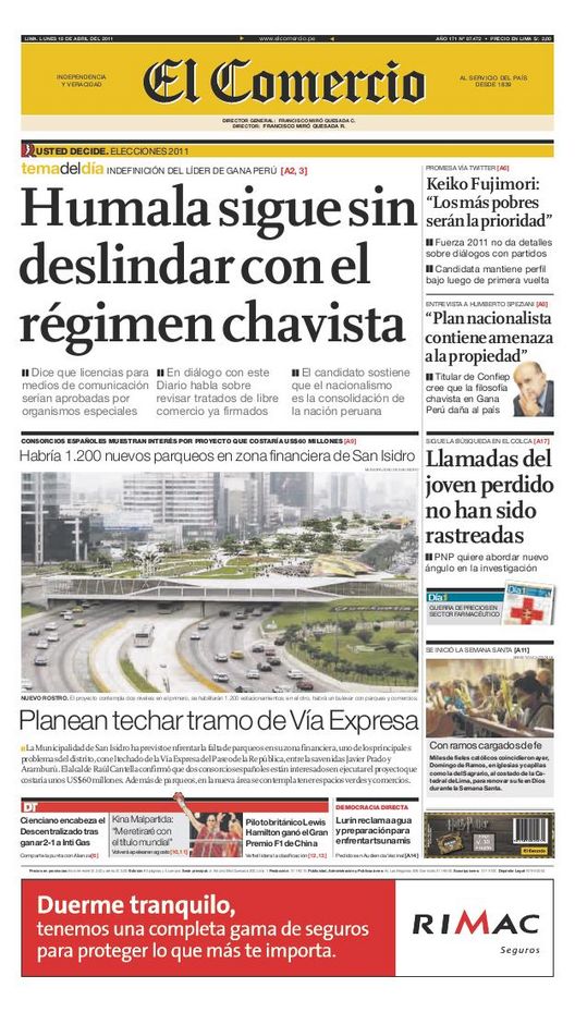 Portada de los diarios de Lima, 18 de Abril de 2011