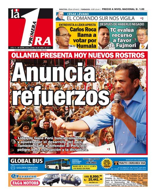 Portada de los diarios de Lima, 18 de Abril de 2011