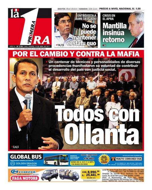Portada de los diarios de Lima, 19 de Abril de 2011