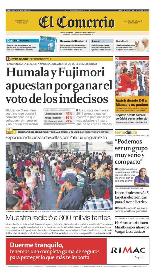 Portada de los diarios de Lima, 25 de Abril de 2011