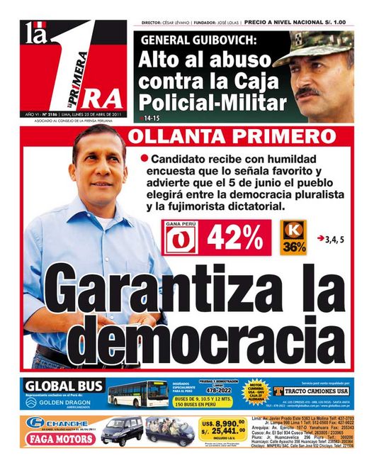 Portada de los diarios de Lima, 25 de Abril de 2011