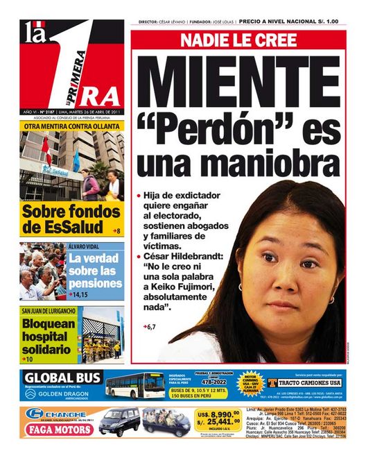 Portada de los diarios de Lima, 26 de Abril de 2011